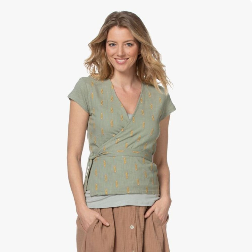 indi & cold Mixed Media Embroidered Wrap top, aloe green/ soft pink and orange